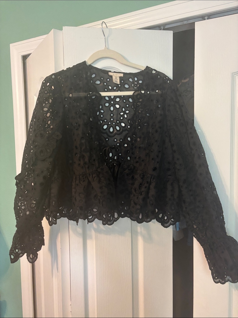 H&M Black Eyelet Lace Tie-Front Peplum Blouse